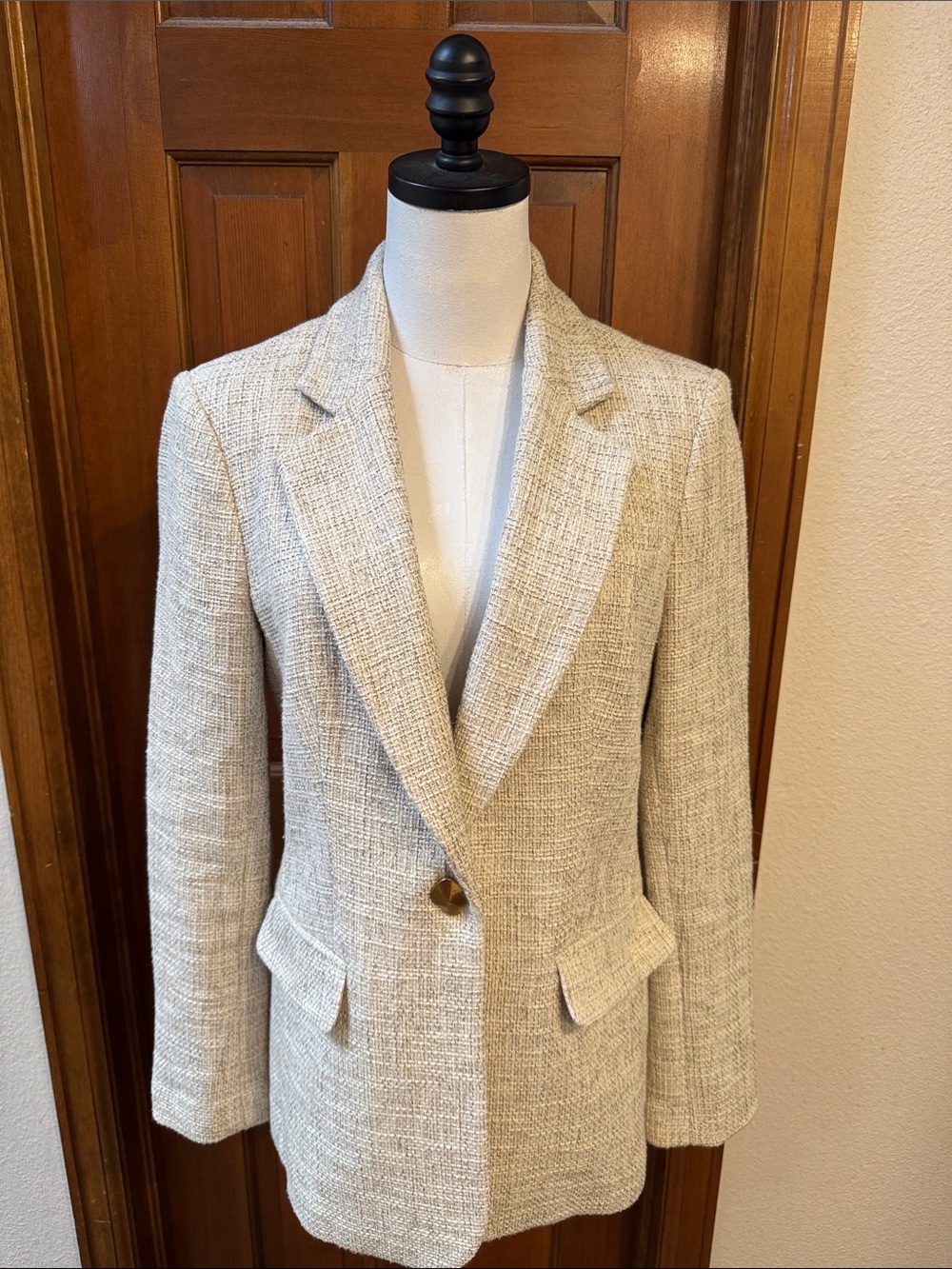 Donna Karan Cream & Brown Tweed Single-Button Blazer Size 8